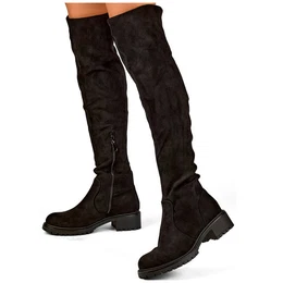 Women's black suede over-the-knee boots with a flat sole