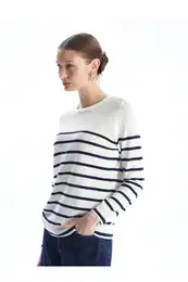 Crew Neck Striped Long Sleeve Women's Knitwear Sweater -