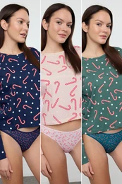 Green-Multicolored 3-Pack Cotton Christmas Themed Classic Knitted Panties