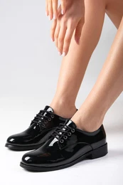 Berta Black Color Patent Leather Women's Oxford Flat Shoes