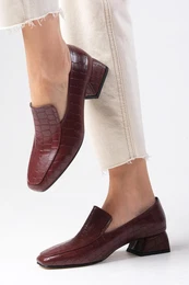 Gaia Claret Red Color Animal Patterned Flat Toe Women's Short Heeled Shoes