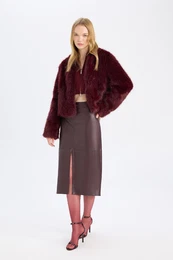 High Waist Combed Cotton Lined Slit Midi Faux Leather Burgundy Pencil Skirt