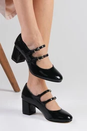 Tiana Black Patent Leather Round Toe Women's High Heel Shoes
