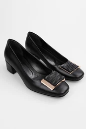 Women's Pluto Black Skin Buckle Heeled Shoes