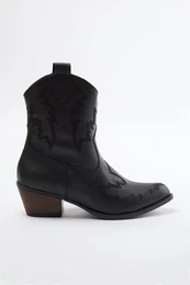 Black Embroidered Block Heel Women's Ankle Cowboy Boots