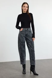 Anthracite Embroidered High Waist Balloon Jeans
