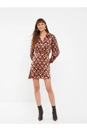 Shirt Collar Patterned Long Sleeve Satin Women's Dress