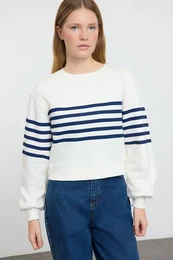 Ecru Striped Regular/Normal Pattern Knitted Sweatshirt