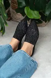 NANTAI SHOES Moon Black Metallic Knit Detail Flat Sole Women's Slippers