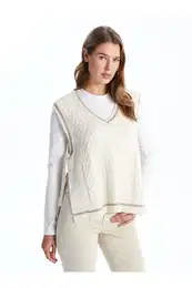 V-Neck Self-Patterned Women's Knitwear Sweater