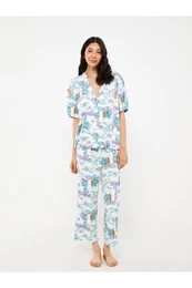 Shirt Collar Patterned Short Sleeve Women's Pajama Set