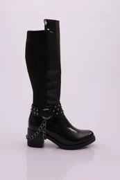 707 Women's Ankle Buckle Chain Detailed Back Stretch Heel Boots.
