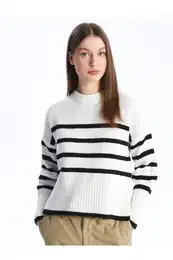 Crew Neck Striped Long Sleeve Women's Knitwear Sweater