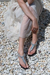 NANTAI SHOES Heather Black Matte Silver Stone Detail Flat Sole Flip Flops Women's Sandals