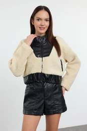 Leather Garni Detailed Plush Knitted Sweatshirt