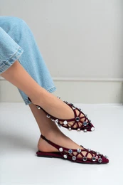 NANTAI SHOES Patrice Claret Red Suede Stone Detail Genuine Leather Flat Sole Women's Sandals