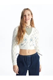 V-Neck Self-Patterned Long Sleeve Women's Knitwear Cardigan