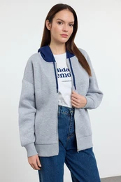 Grey Melange Color Block Oversize/Wide Pattern Hooded Zippered Knitted Sweatshirt