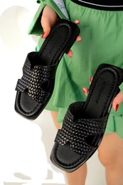 Black Women's Genuine Leather Slippers 19134