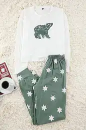 Green 100% Cotton Star Patterned Knitted Pajama Set