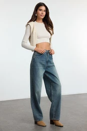 Blue Stitch Detail Belt Buckle on Back High Waist Barrel Baggy Jeans