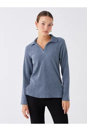 Polo Neck Plain Long Sleeve Women's T-Shirt