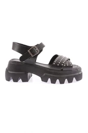 142 Women's Thick Sole Cross Strapped Stone Sandals Genuine Leather Black