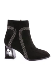 864-22k Women's Silver Stone Heeled Boots Black Suede