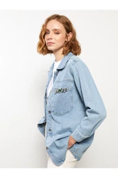 Stone Embroidered Long Sleeve Women's Jean Shirt Jacket