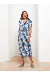 Women's V-Neck Floral Short Sleeve Poplin Dress