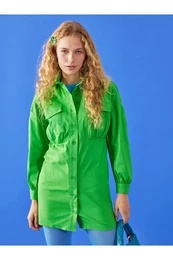 Plain Long Sleeve Gabardine Women's Shirt Dress