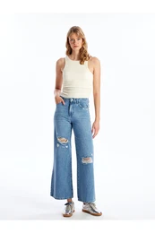 Wideleg Ripped Detailed Women's Jean Trousers