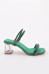 901 Women's Square Toe Transparent Heeled Sandals Green Satin