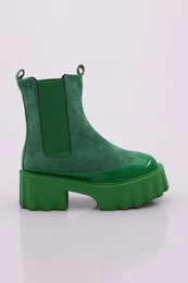 Es804 Women's Thick Sole Stretch Detailed Heeled Boots GREEN SUEDE GREEN PATENT LEATHER