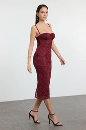 Burgundy Lining Lace Knitted Midi Dress