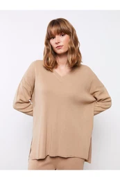 V-Neck Plain Long Sleeve Women's Knitwear Sweater