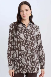 Loose Fit Shirt Collar Patterned Long Sleeve Shirt Tunic