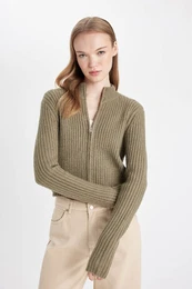 Slim Fit Slim Fit Half Turtleneck Zippered Knitwear Cardigan