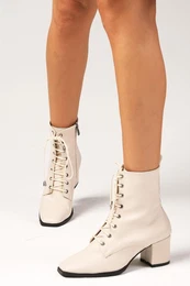 Bethany Beige Women's Heeled Boots with Zipper And Lace-Up on the Side. Flat Toe Women's Boots.