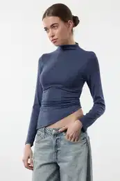 Indigo Fitted Gather/Drape Detail Stand Collar Knitted Blouse
