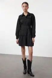 Black Belted Plain Lace Detailed Mini Belted Lace Detailed Mini Woven Dress