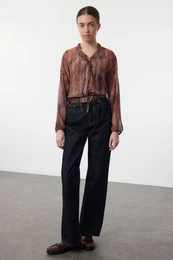 Brown Ethnic Pattern Ruffle Detail on the Collar Oversize Wide Pattern Woven Shirt