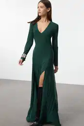 Emerald Green Plain Limited Edition V Neck Skater/Waist Open Stretch Maxi Knit Dress