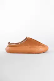 Thick Sole Suede Stitched Detailed Women's Tan Slippers
