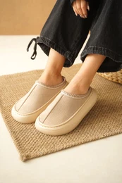 Thick Sole Suede Stitched Detailed Women's Beige Slippers