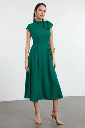 Green A-Line Pleated Woven Chic Dress