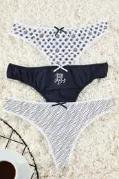 Multi-Colored 3-Pack Ribbon Bow Striped/Flowered/Slogan Thong Knitted Panties