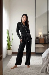 Black Belted Brushed Soft Ribbed Piping and Double Breasted Detailed Knitted Pajama Set