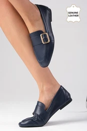 Martina Genuine Leather Navy Blue Color Flat Toe Women's Loafer Shoes
