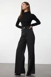 Black Stoned High Waist Wide Leg Jeans